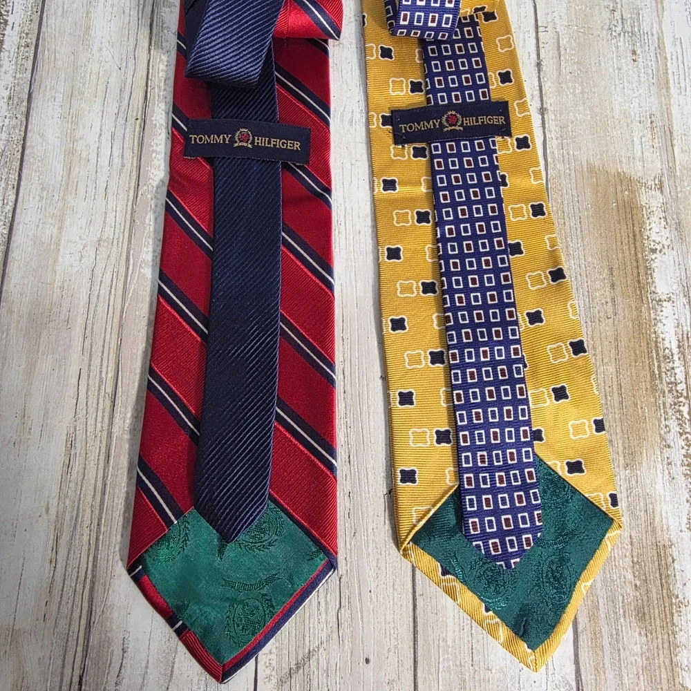 Tommy Hilfiger Mens Silk Necktie Bundle Red Striped & Yellow Geometric 2 Pack